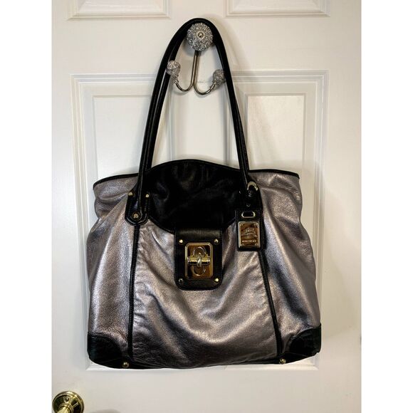 b. makowsky Handbags - B. Makowsky Silver and Black Metallic Pebble Leather Tote Satchel Shoulder Bag